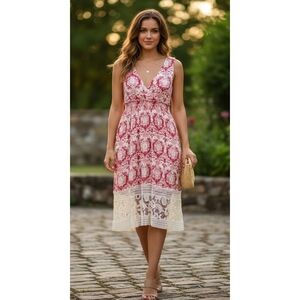 Sundays in Brooklyn Red & White Crochet Midi Vneck dress Size M